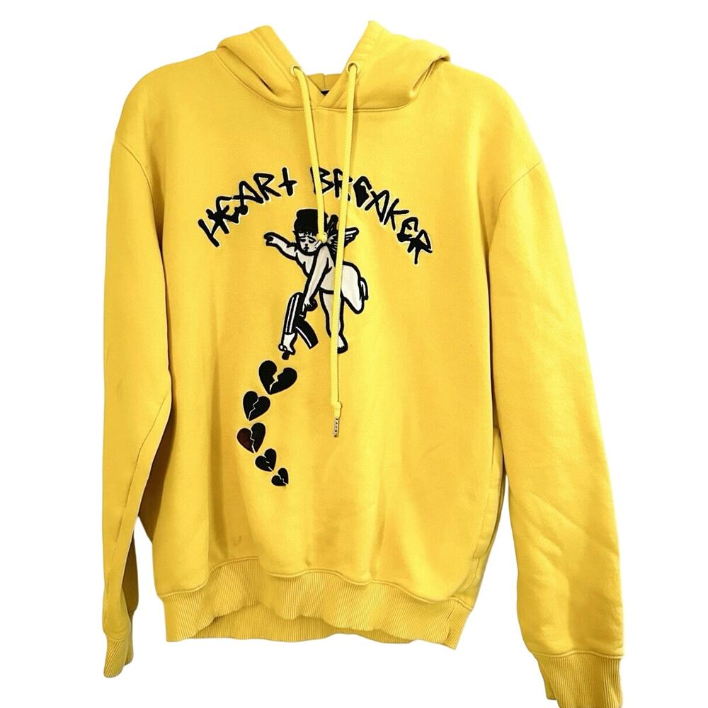 FOCUS Cupid Patch Embroidered Heartbreaker Yellow Hoodie Sweatshirt - Sz Large